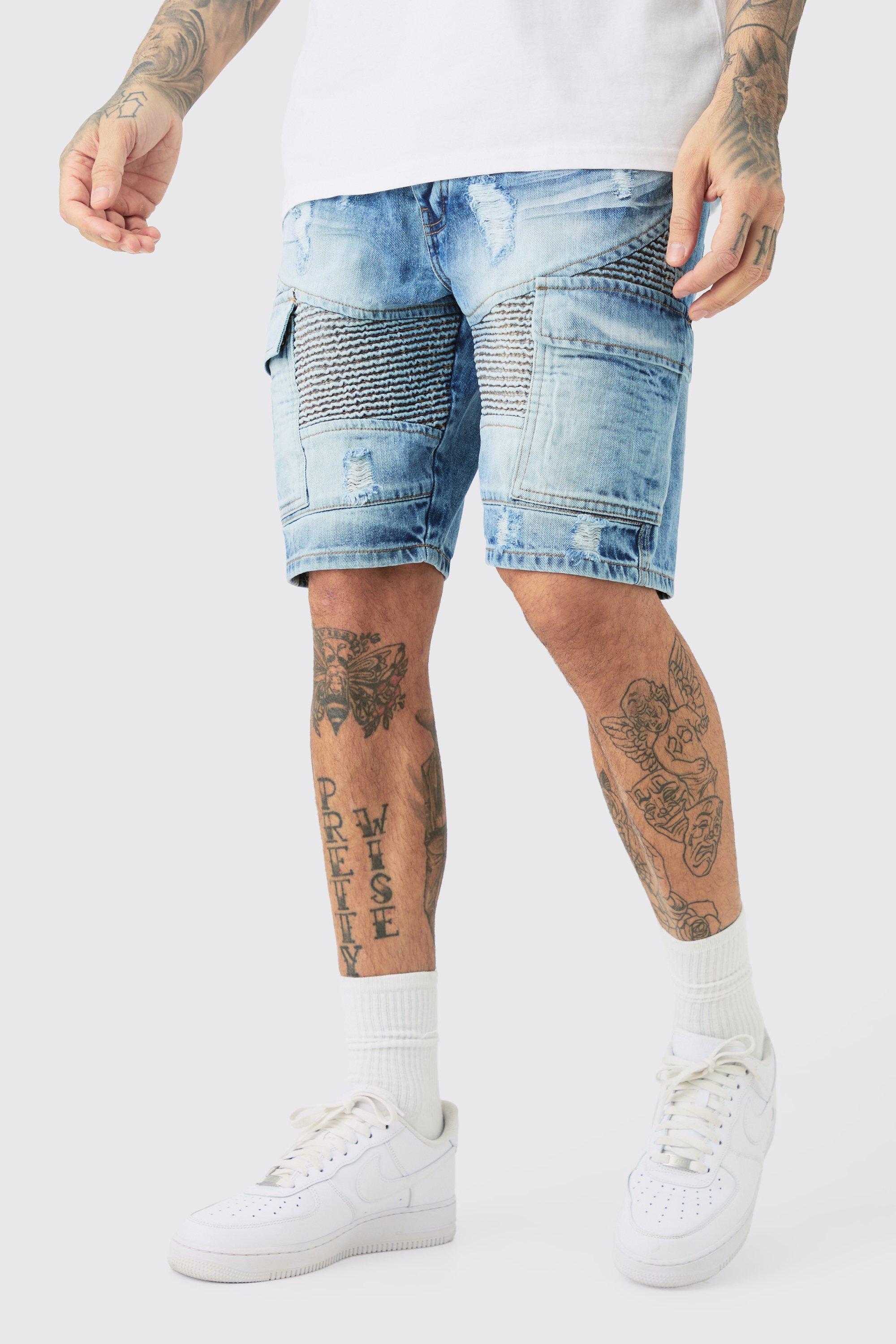 Mens Grey Tall Straight Fit Biker Denim Shorts, Grey